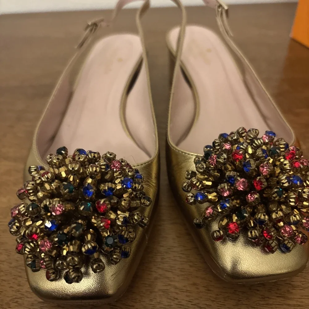 Kate Spade Maren Old Gold Metallic Nappa Leather Slingback Heel Gold Pom Toe 8.5 - Picture 3 of 6
